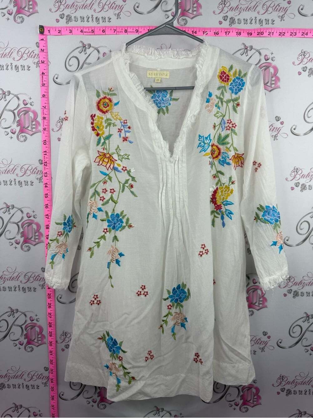 RUBY YAYA mini dress distressed White Embroidered V-Neck Tunic Top